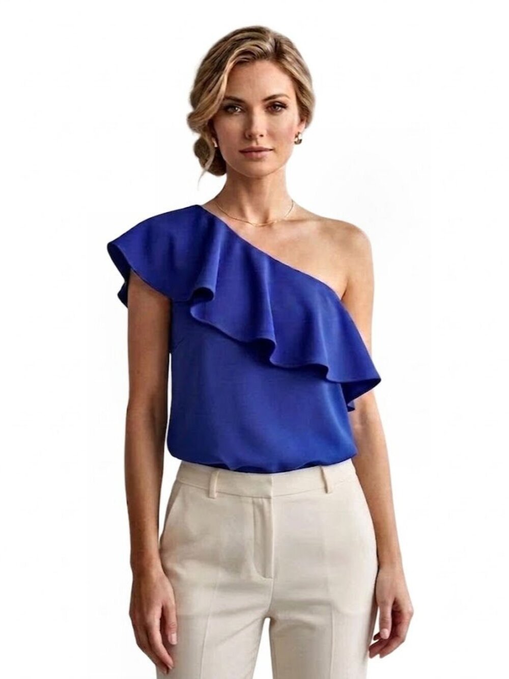 Pleione Asymmetrical One Shoulder Top with Bust Ruffle, Blue, Womens Size Large